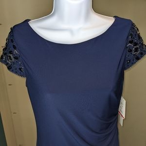 NWT Eliza J Mid Length Beaded Capped Shoulders Dress Navy
